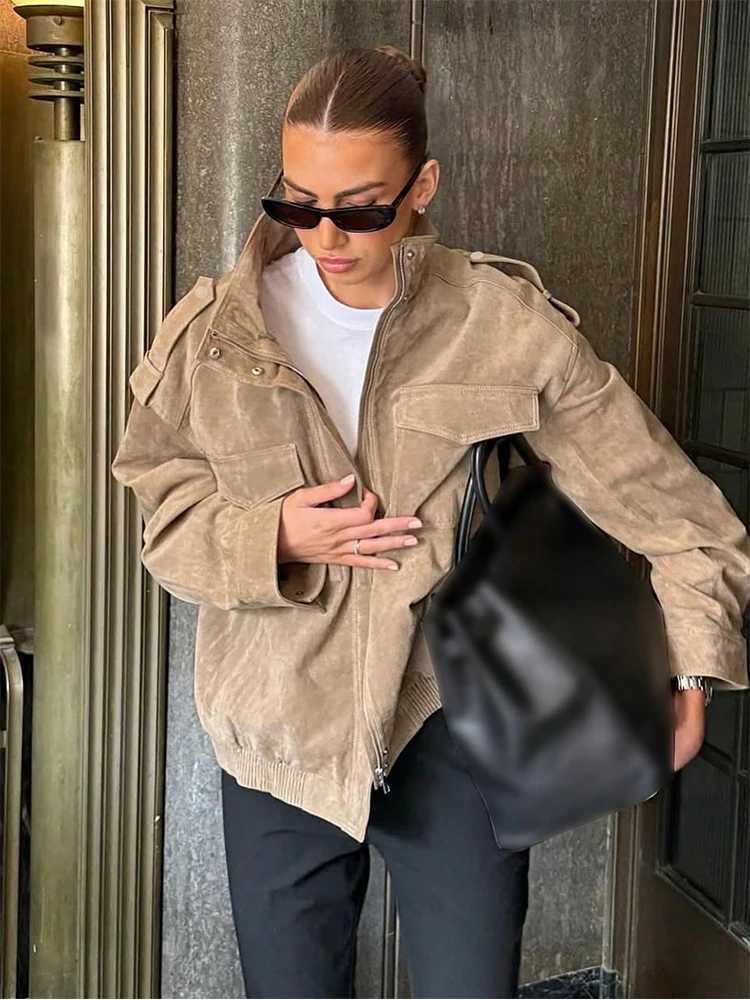 SLTNX Women Suede Jacket 2026 New Spring Fashion Long Sleeve Zipper Loose Jackets Coat Chic Female High Street Casual OuterwearT260328