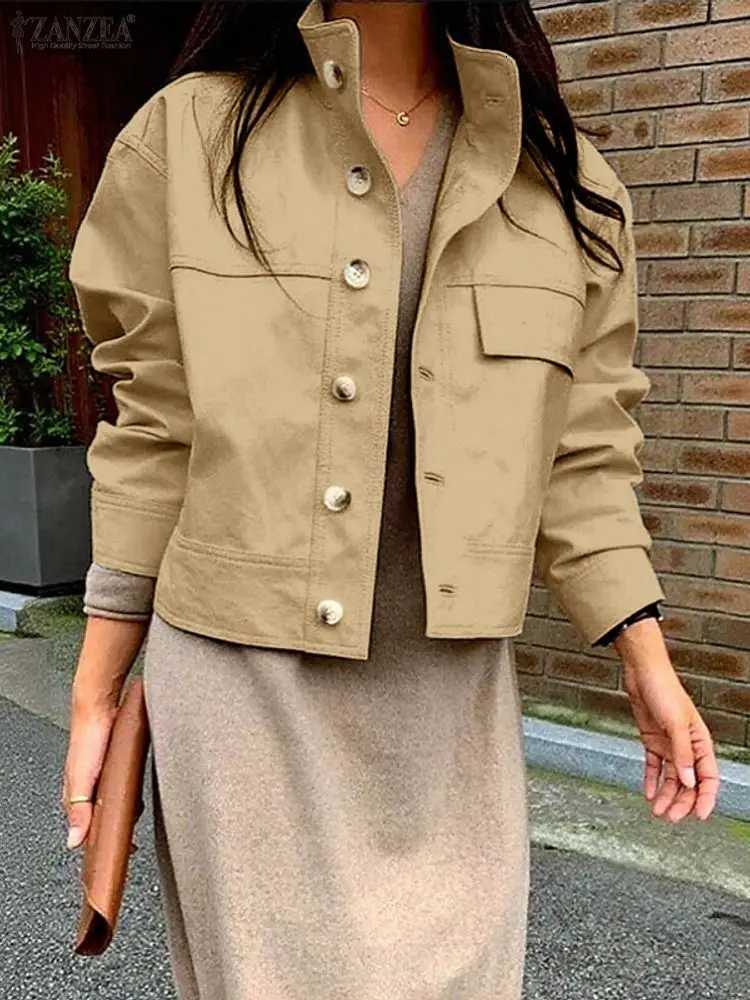 ZANZEA Fashion Coats Long Sleeve Autumn Jackets Women Stand Collar Solid Outerwear 2025 Winter Casual Cardigans Elegant CoatsT260328