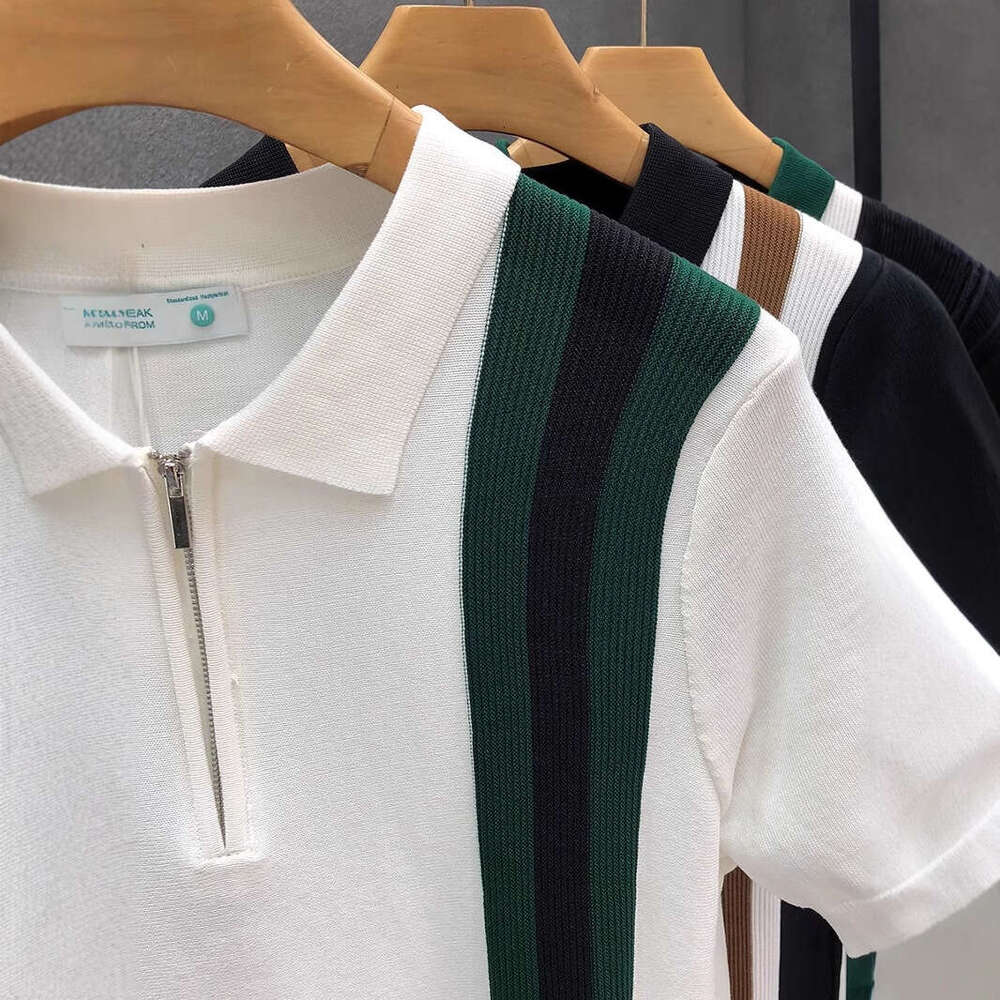 luxury New Summer Color Block Half-Zip Polo Shirt for Men, Thin Knit Short-Sleeve T-Shirt with Turn-Down Collar