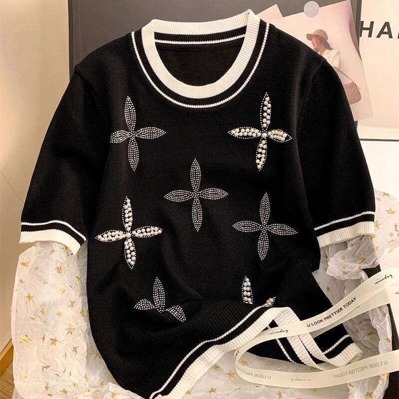 Summer Fashion Round Neck Beading Knitting T-Shirt Ladies Short Sleeve Loose Casual Patchwork Tee Top Women All-Match Pullovers