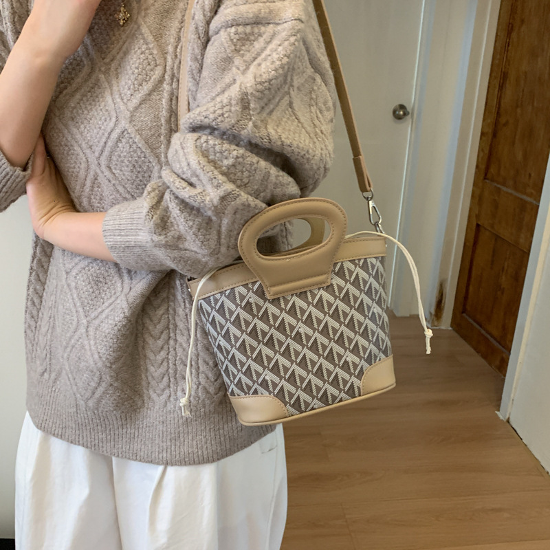 Free Shipping High Value Geometric Pattern Bucket Bag for Women Vintage Handbag with Top Handle Adjustable Crossbody Strap