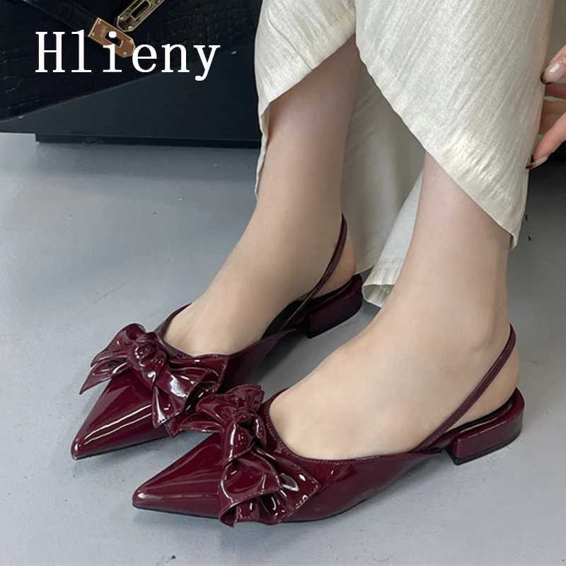 Hlieny Fashion Design Big Butterfly Knot Women Flat Mules Sandals High Quality Cozy Patent Leather Pointed Toe Back Strap Shoes Z260330