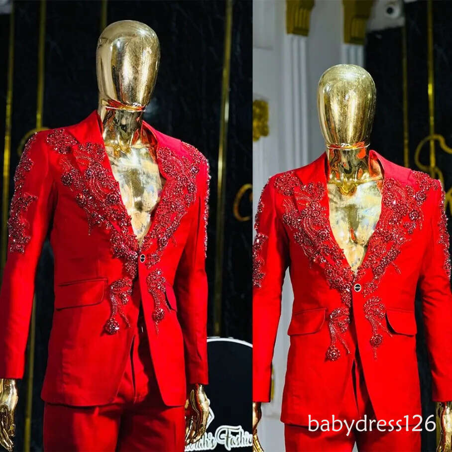 Elegant Men Suits 2 Pieces Appliques Crystal Notched Lapel Jacket Tailor-Made Blazer One Button Groom Evening Prom Party Customized Coat Pants Plus Si