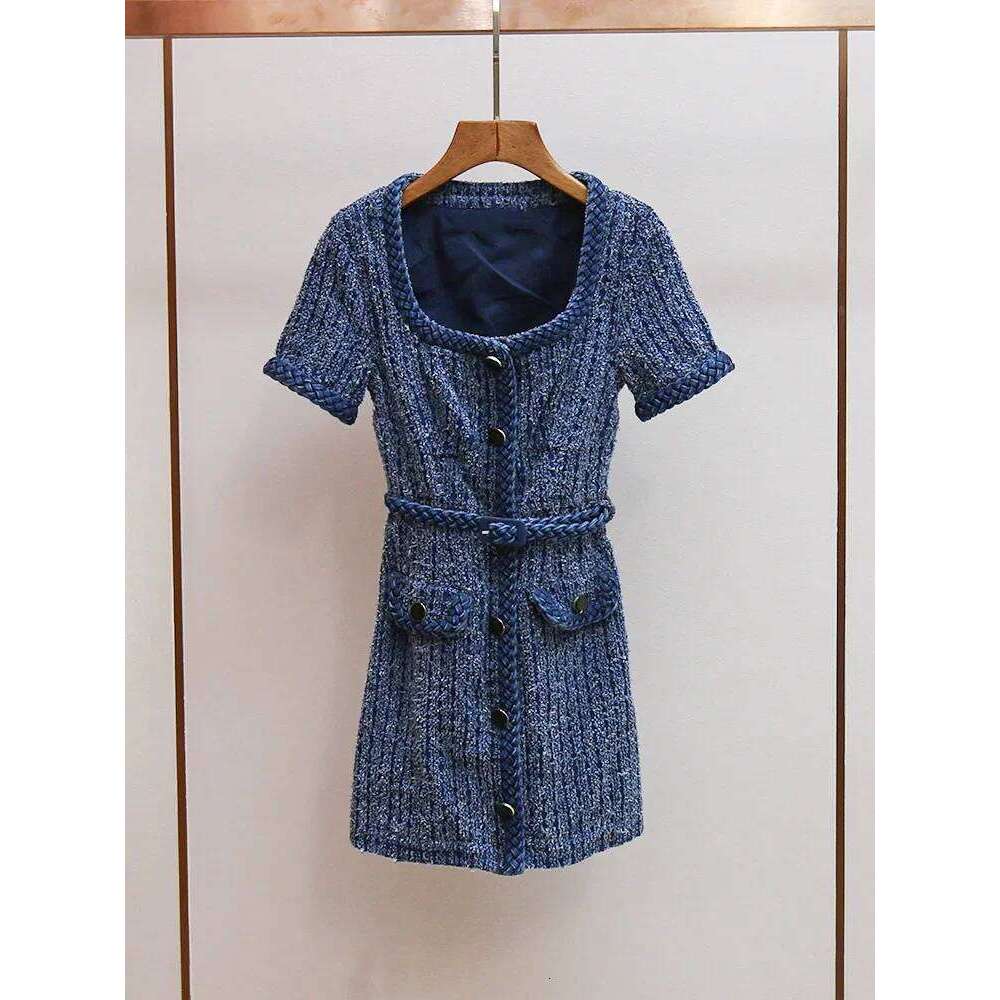 Women's Tweed Square Collar Mini Dress French Slim Fit Braided Rope Trim Ladies Short Sleeve Robe Mdng260330