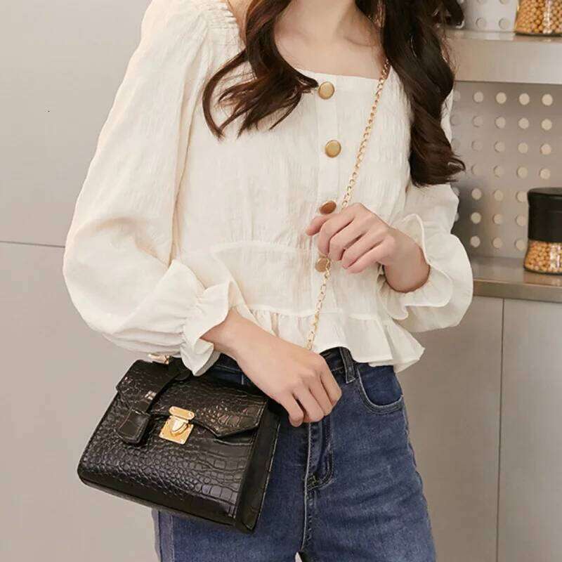 Chic Crocodile Embossed Mini Handbag For Women Trendy Solid Color Fixed Strap Twist Lock Closure Polyester Lined QIBALIANGPIN