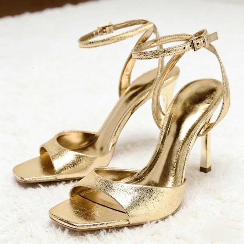 Gold Patent Leather Ankle Buckle High Heeled Sandals Women Sexy Square Toe Open Toe High Heels Summer Fashion Party Office Shoes Z260330