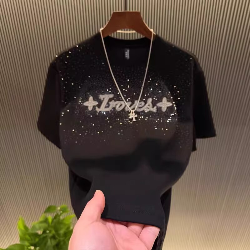 2026 New Style Men's Round-neck Short-sleeved T-shirt Featuring Crystal Decorations Designer Short-sleeved Multi-functional Letter Print Solid Co - view 5