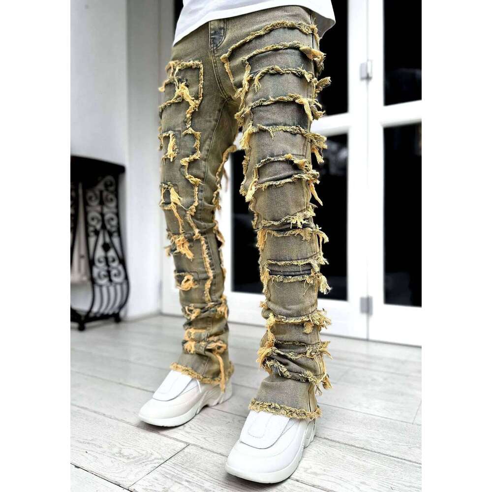 New Fashion Stretch Man Stacked Elastic Waist Straight Fit Patchworks Denim Long Pants Fringe Ripped Jeans For Men 26Y0330