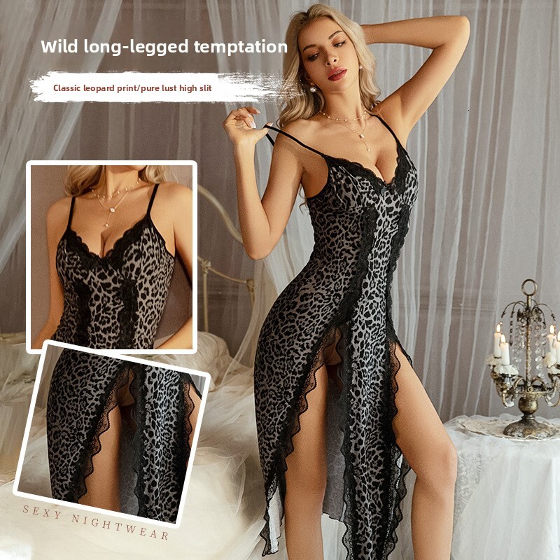 Elegant Women Sexy Leopard Print Sheer Mesh Nightgown Lace Trim Spaghetti Strap High Slit Maxi Dress Sleepwear Lingerie