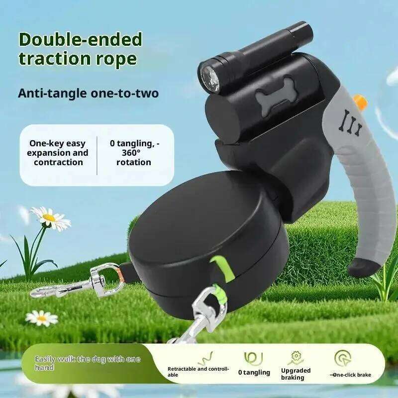 Auto Retractable Double-Headed Dog Leash 3M for 2 Dogs with LED Flashlight 360 Degree Dual Traction Rope Pet Supplies
