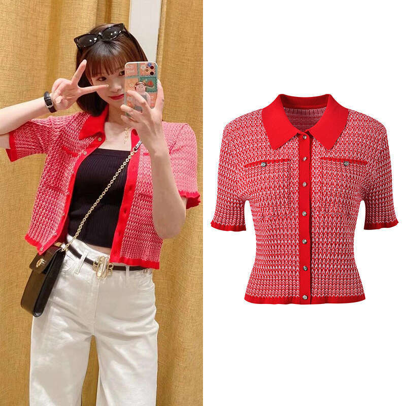 2026 k30 Spring/Summer New Designer Elegant Checkered Short FC Sleeve Flip Collar Single breasted Slim Knitted Cardigan