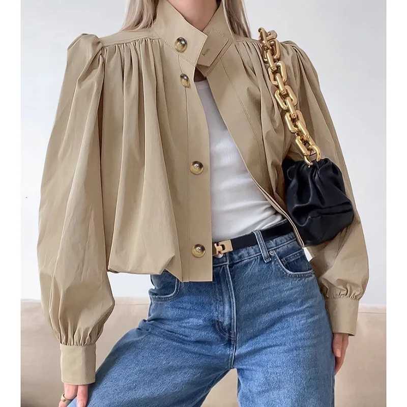 Casual Short Jackets Women Loose Chic Pleated Lantern Sleeve Stand Collar Single Breasted Coats Female 2025 Autumn Solid OutwearT260328