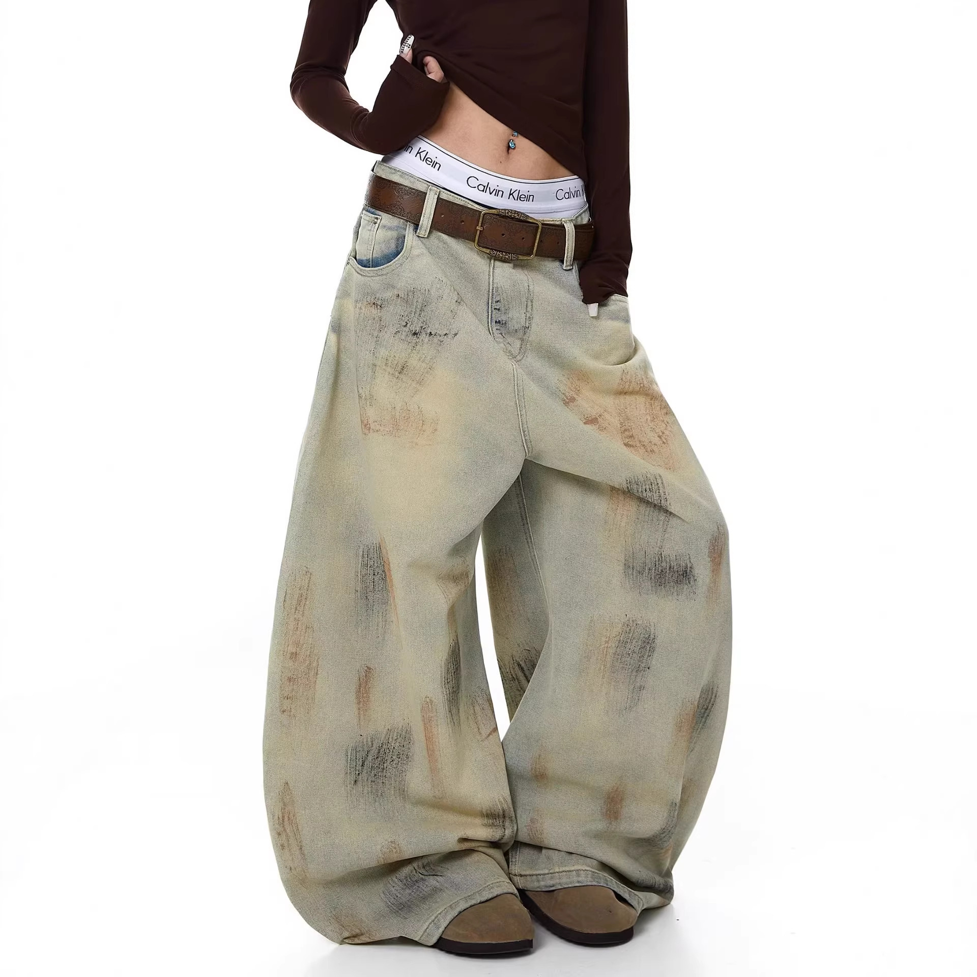 American-style spicy girl wasteland-style dirty-dyed jeans for women, summer design, loose fit, foreign trade cross-border jazz dance curved pants