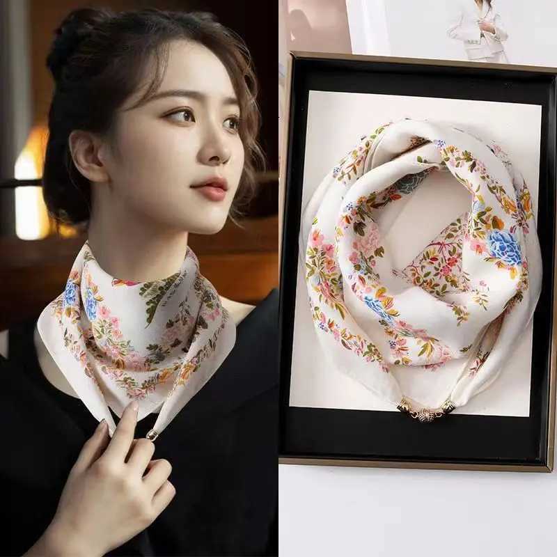 Luxury High-End Silk Scarf With Magnetic Buckle Satin Finish Breathable Sunscreen Neck Protector Lightweight Women Square Scarf Z260330