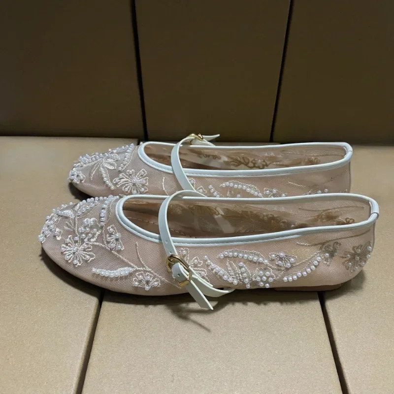 Black Mesh String Bead Ballet Flats Women Elegant Embroider Flower Buckle Mary Jane Shoes Comfort Round Toe Shoes 260323