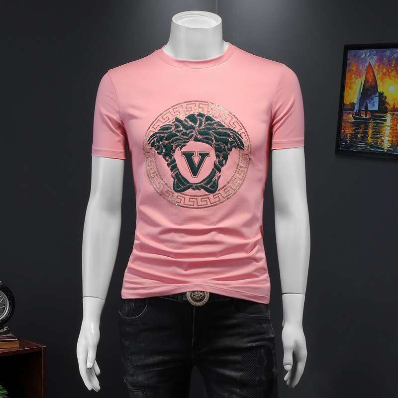 European Collection luxury Summer New Men's Double Mercerized Cotton Short T-Shirt Trendy Round Neck Half Sleeve Rhinestone Top for Men