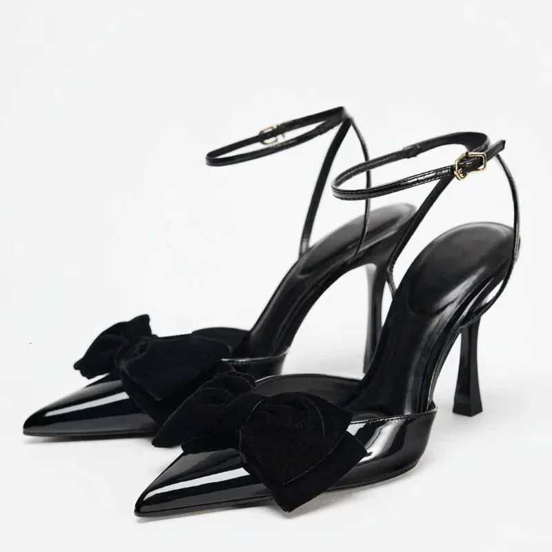 Elegant Black Bow Design Heels Women Sexy Pointed Toe Ankle Strap Buckle Thin Heel Sandal High Quality Patent Leather Dress Shoe Z260330