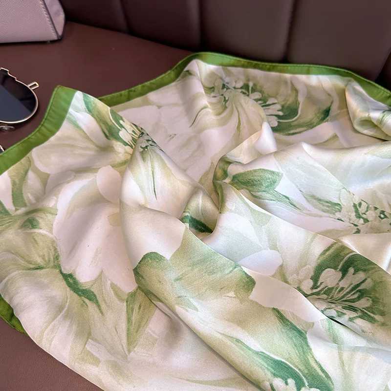 7070cm Green Floral Print Silk Square Scarf for Women Soft Head Scarves Kerchief Hairband Female Headband Hands Headscarf Hijab Z260330