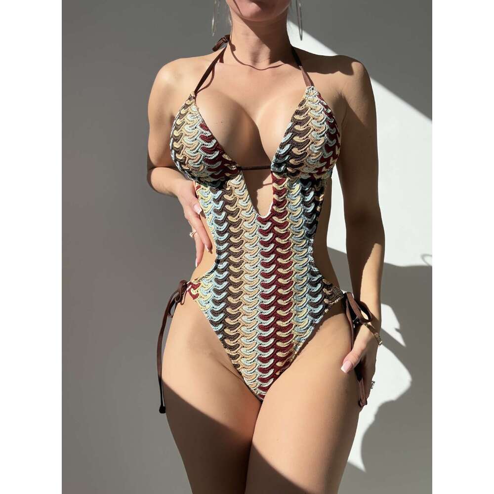 Women's Designer Bikini Knitted Striped One-piece Swimsuit Sexy Halter Neck Bikini 2026 Beach Vacation Diving Outfit