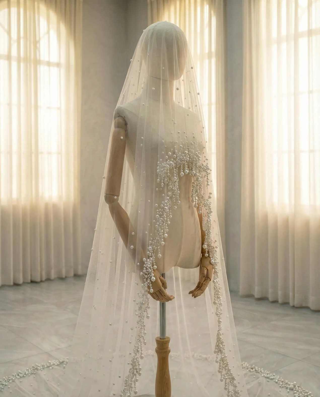 Luxury Pearls Wedding Veil Lace Long Special Beaded Royal Bridal Veil with Comb Tassels Wedding Accessories For Women Customized