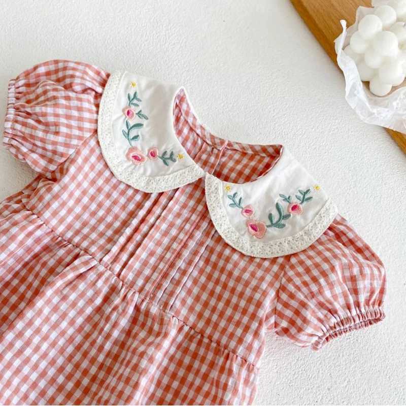 2-6Yrs Summer Girl Draped Dress Children Dress Pink Plaid Turn-Down Collar Kids Clothes Embroidery Toddler Baby Girls ClothingT260330