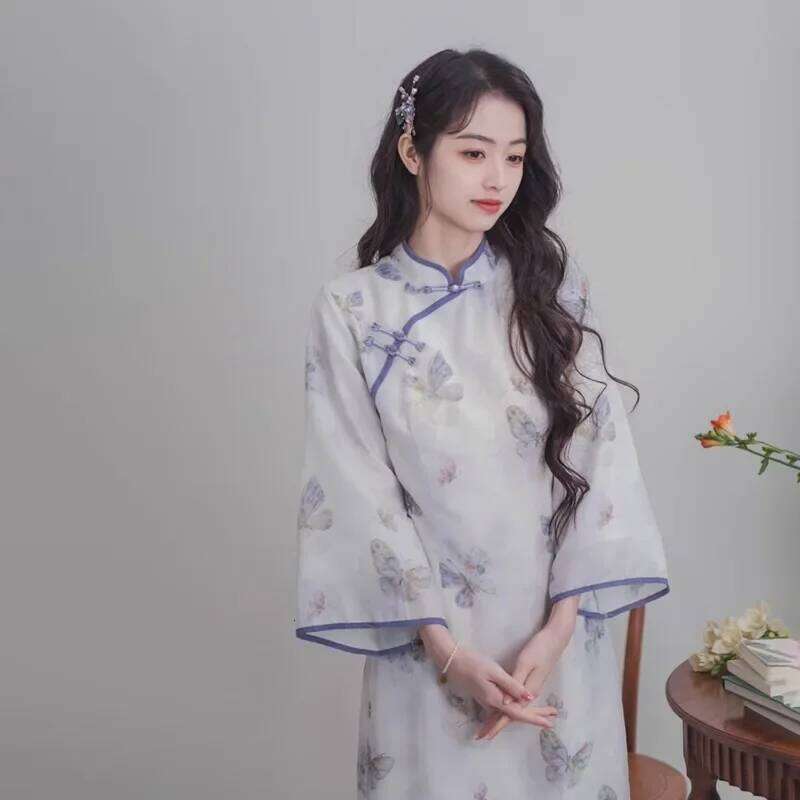 Autumn Chinese Style Women Qipao Dress Butterfly Print Long Sleeve Modern Improved Cheongsam Elegant Ladies Evening Dresses MAKOUFEI