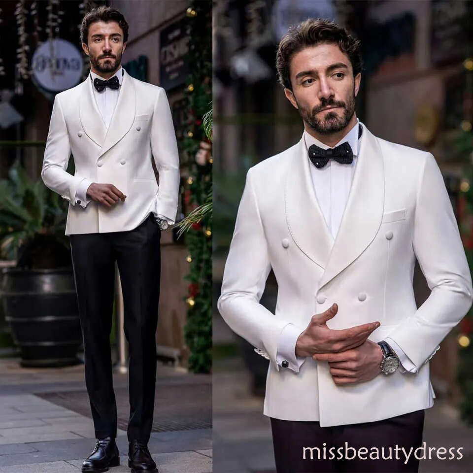 Elegant Wedding Tuxedos 2 Piece Set White Jacket Black Pants Men Suit Shawl Lapel Customized Groom Wear Party Suits ZD10