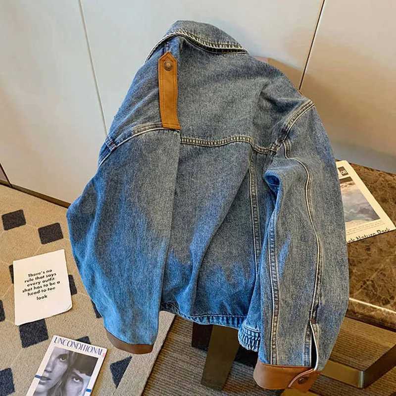 Vintage Stitching Denim Jacket Women Outwear Spring Autumn New Elegant Loose All-Match Design Jeans Jacket Tops Street ClothingT260328