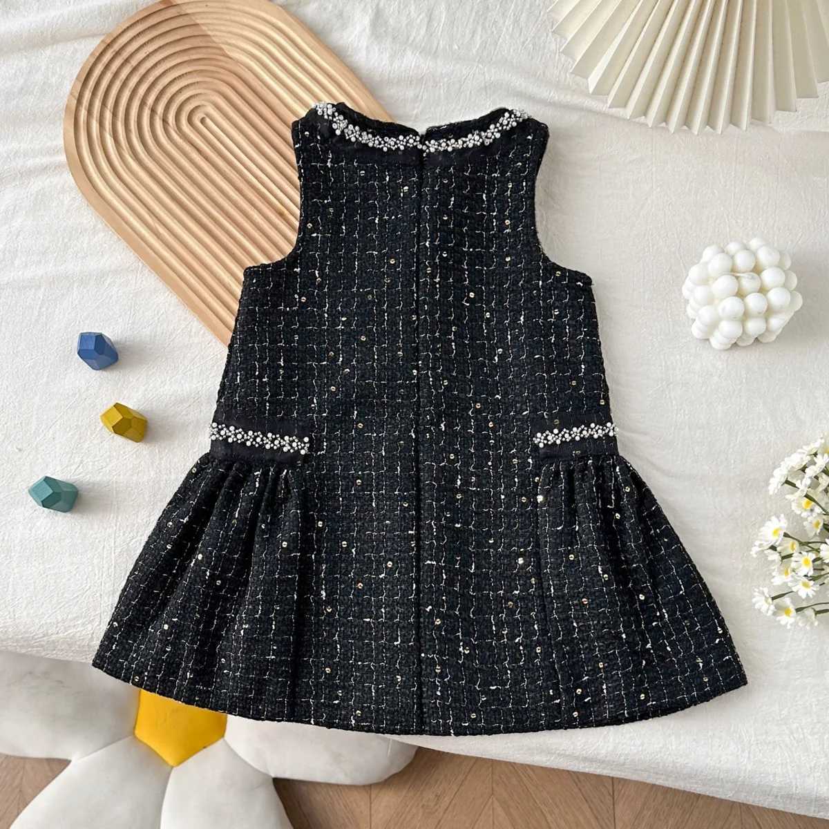 Girls Tweed Sleeveless Vest Dress with Velvet New Autumn and Winter Style Baby Black Light Luxury Sequin DressT260330