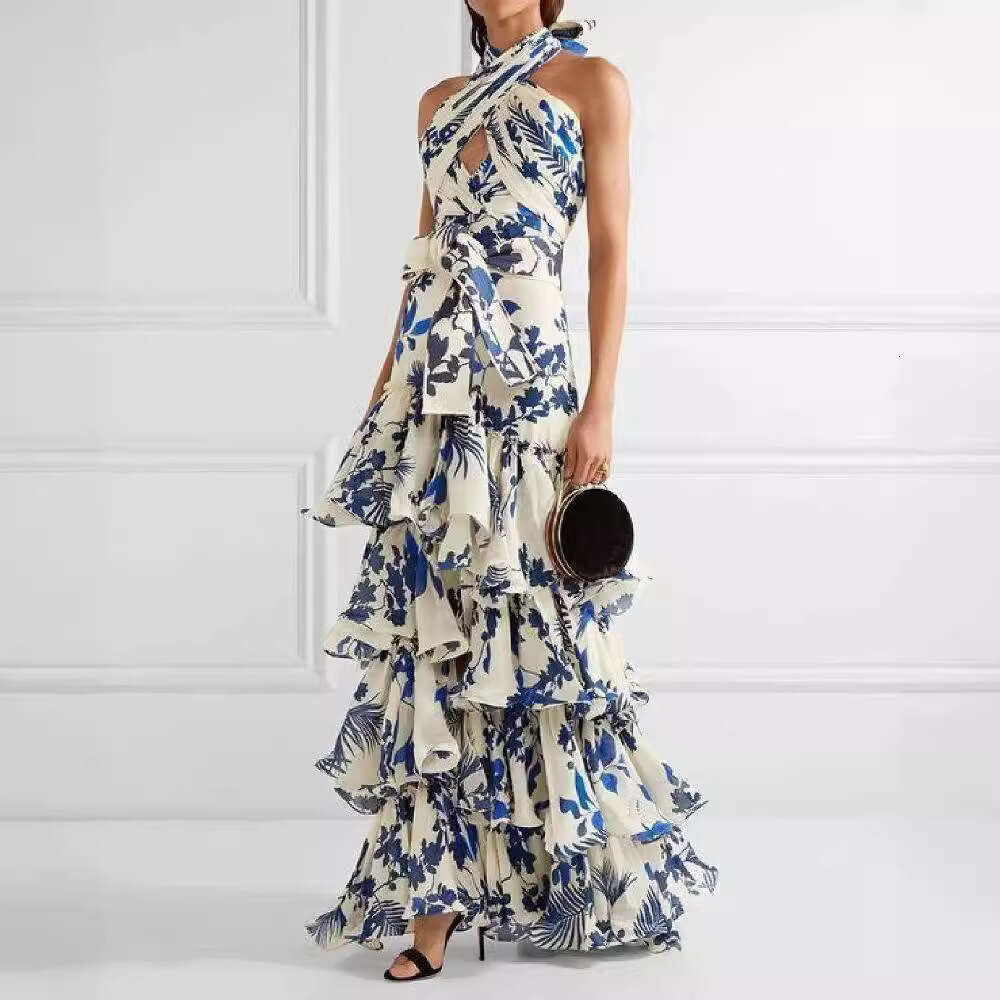 2026 summer h28 new designer bohemian vacation style lace up Lolita trumpet print dress from Europe and America