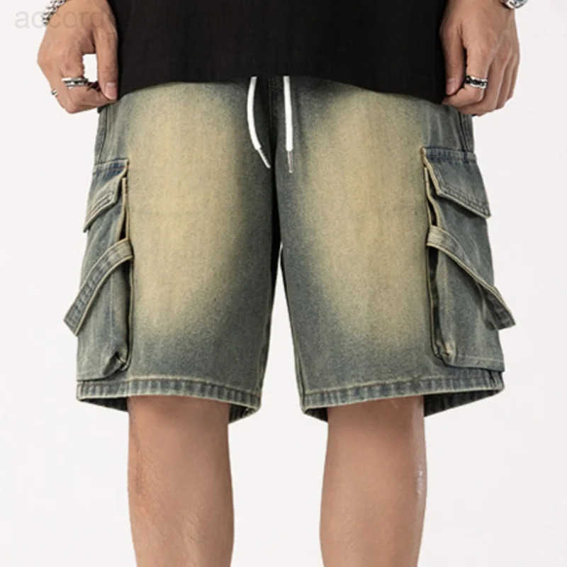 2025 New Cowboy shorts mens high-end personalized drawstring loose casual denim five quarter pants loose plus wide leg pants H260330