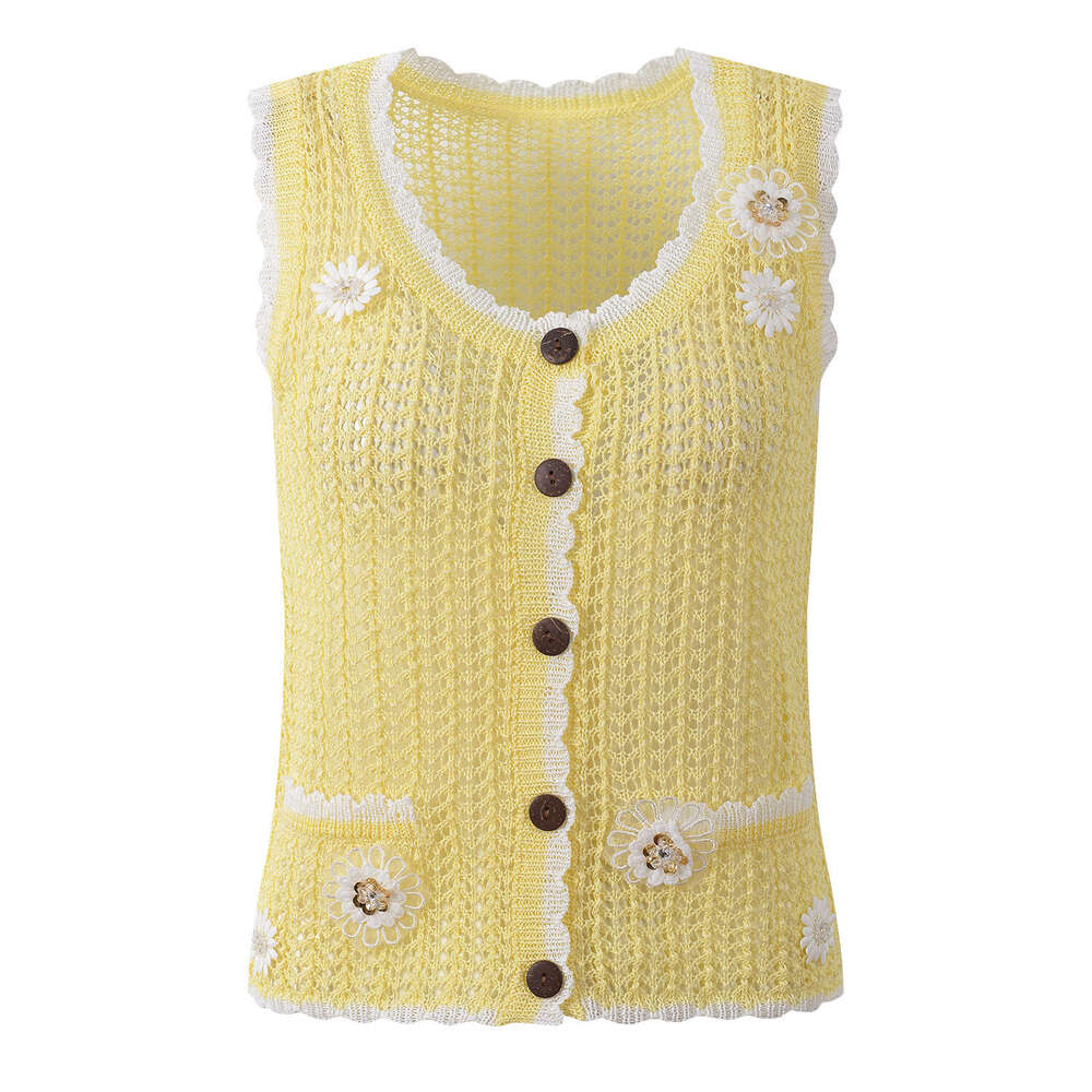 Summer New Style Fresh and Sweet Slim Fit Hollow Short Knit Vest Top with Three-Dimensional Beaded Flower Decoration