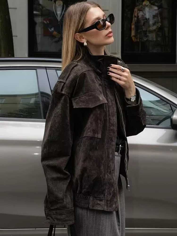 SLTNX Women Suede Jacket 2026 New Spring Fashion Long Sleeve Zipper Loose Jackets Coat Chic Female High Street Casual OuterwearT260328
