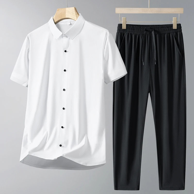 Men Short Sleeve Shirt Casual Sport Outfit For Middle Aged Dad Bamboo Fiber Polo Shirt And Pants Two Piece Set 260324