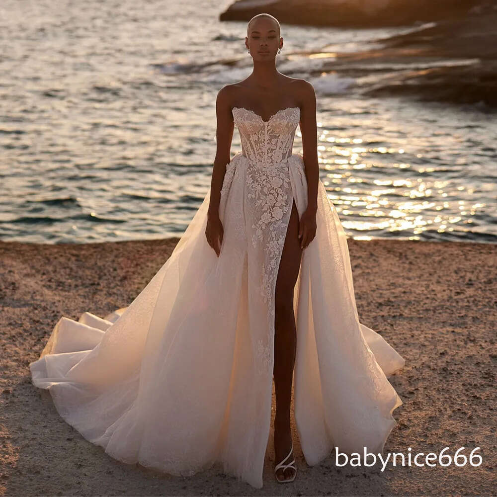 Charming V-neck A Line Wedding Dresses Lace Applique Bridal Growns Side Slit Sweep Train Custom Made 2026 Vestido De Noiva M30