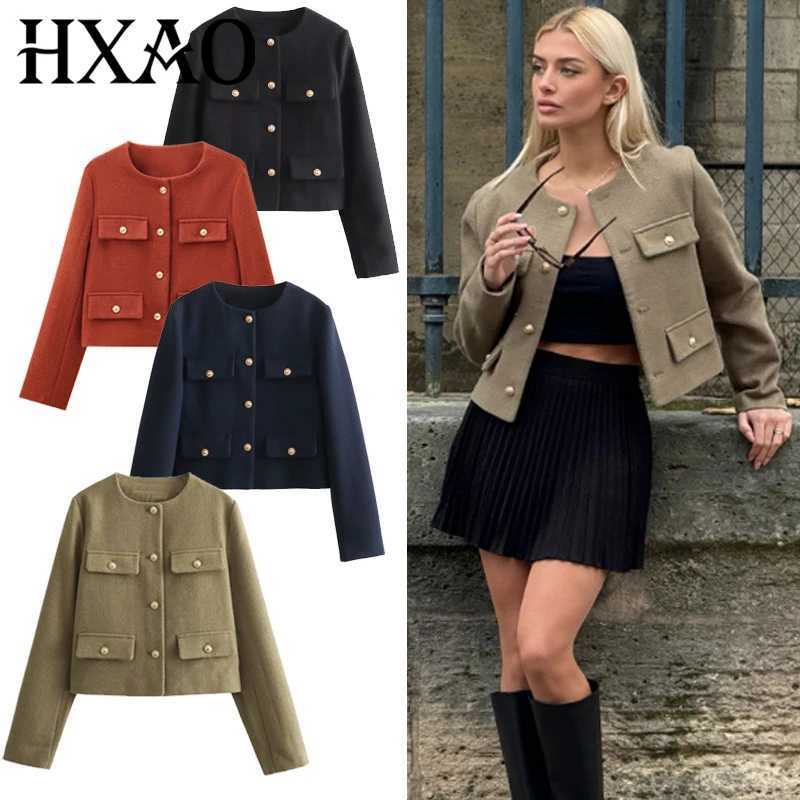 HXAO Tweed Bomber Jacket Womens Jackets Autumn 2025 Cropped Button Up Outerwears Elegant Fashion o-Neck Long Sleeve Top FemaleT260328