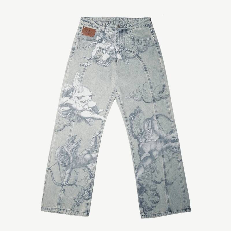 Vintage Washed Angel Print Baggy Jeans Men Y2K Streetwear Wide Leg Denim Pants Retro Cupid Graphic High Waist Loose Fit Trousers