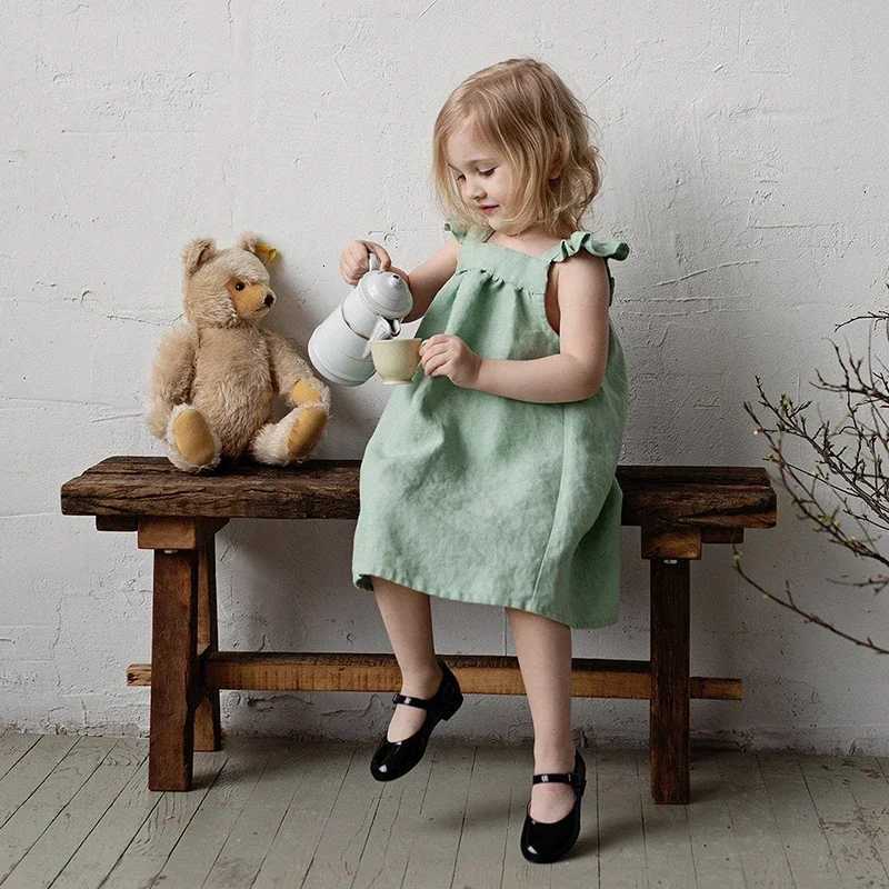 Children Girls Linen Dress 2026 Summer New Literary Petal Sleeves Loose Baby Girl Strap Princess Dresses TZ04T260330
