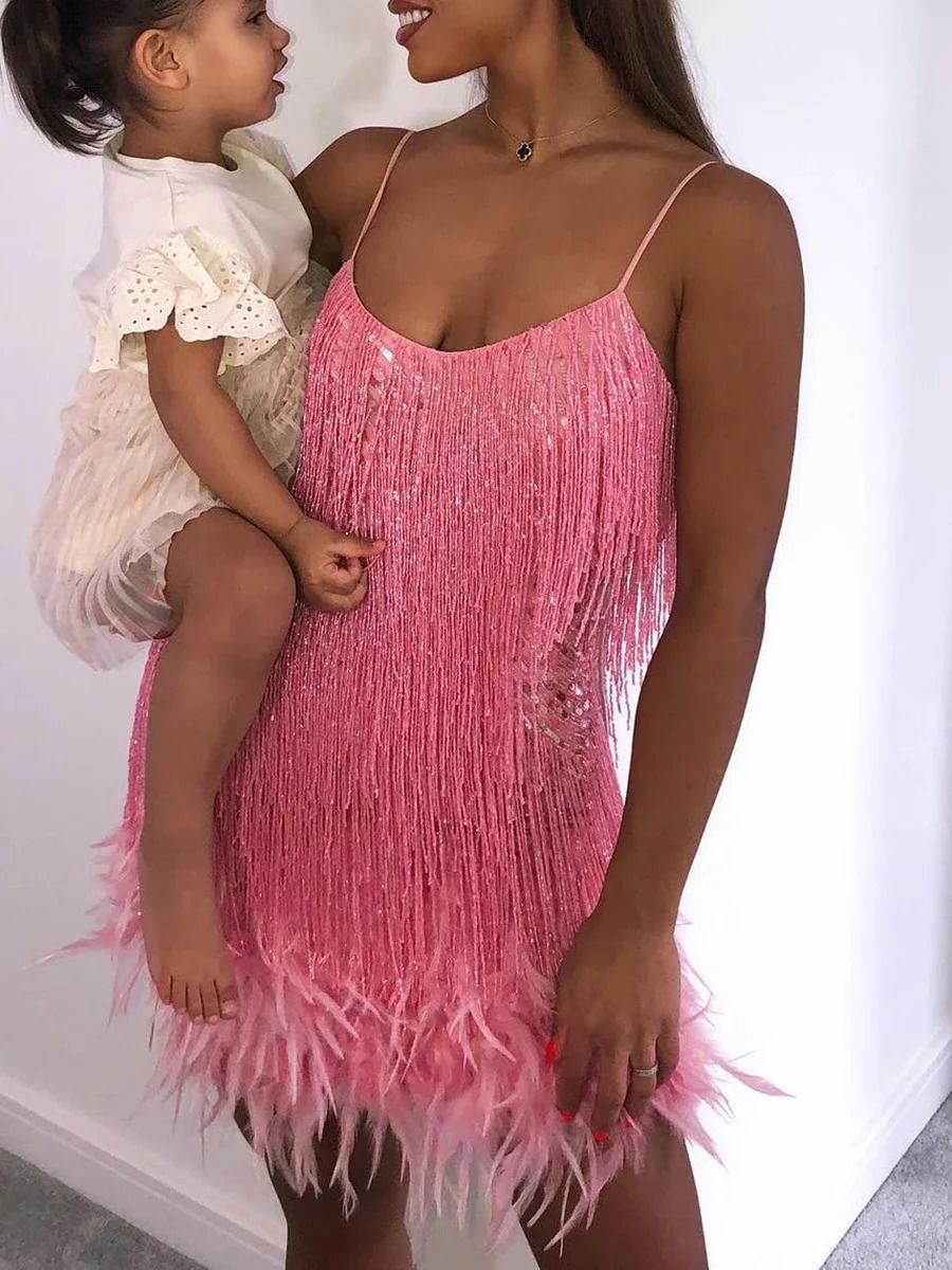 Women Sling Sequined Evening Dress Sleeveless V Neck Tassels Feather Club Party Summer Short Dress vestidos para mujer