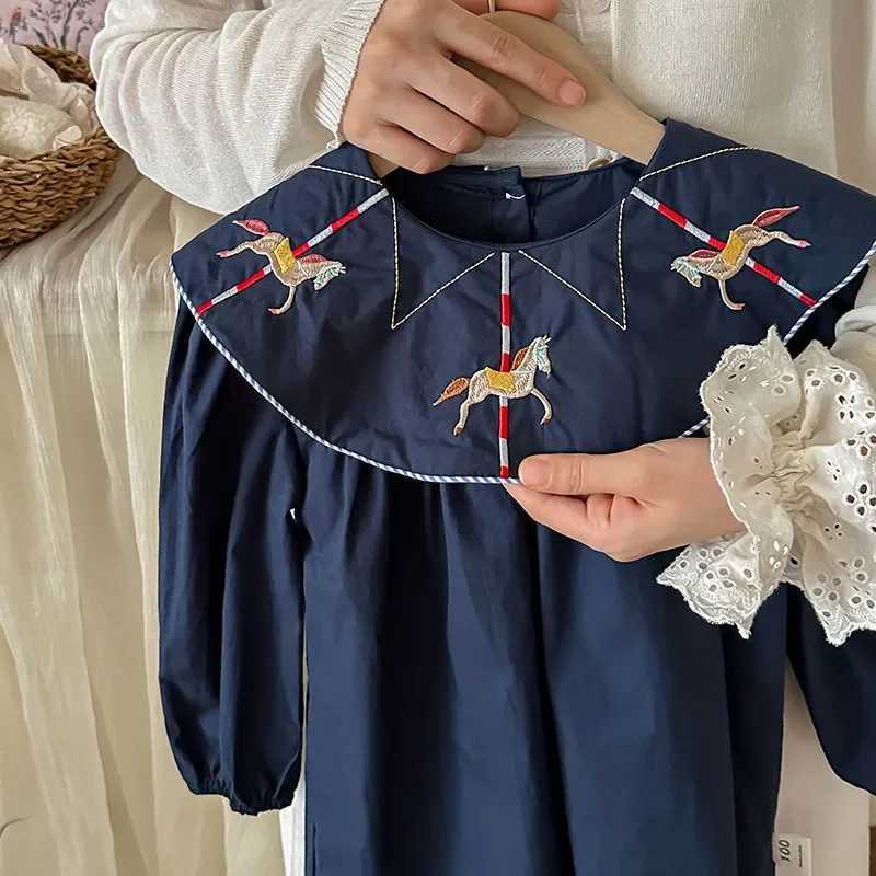 Girls Casual Dresses Carousel Embroidered Lapel Long-sleeved Dress for Girls Wedding Dress Kids Clothes for GirlsT260330