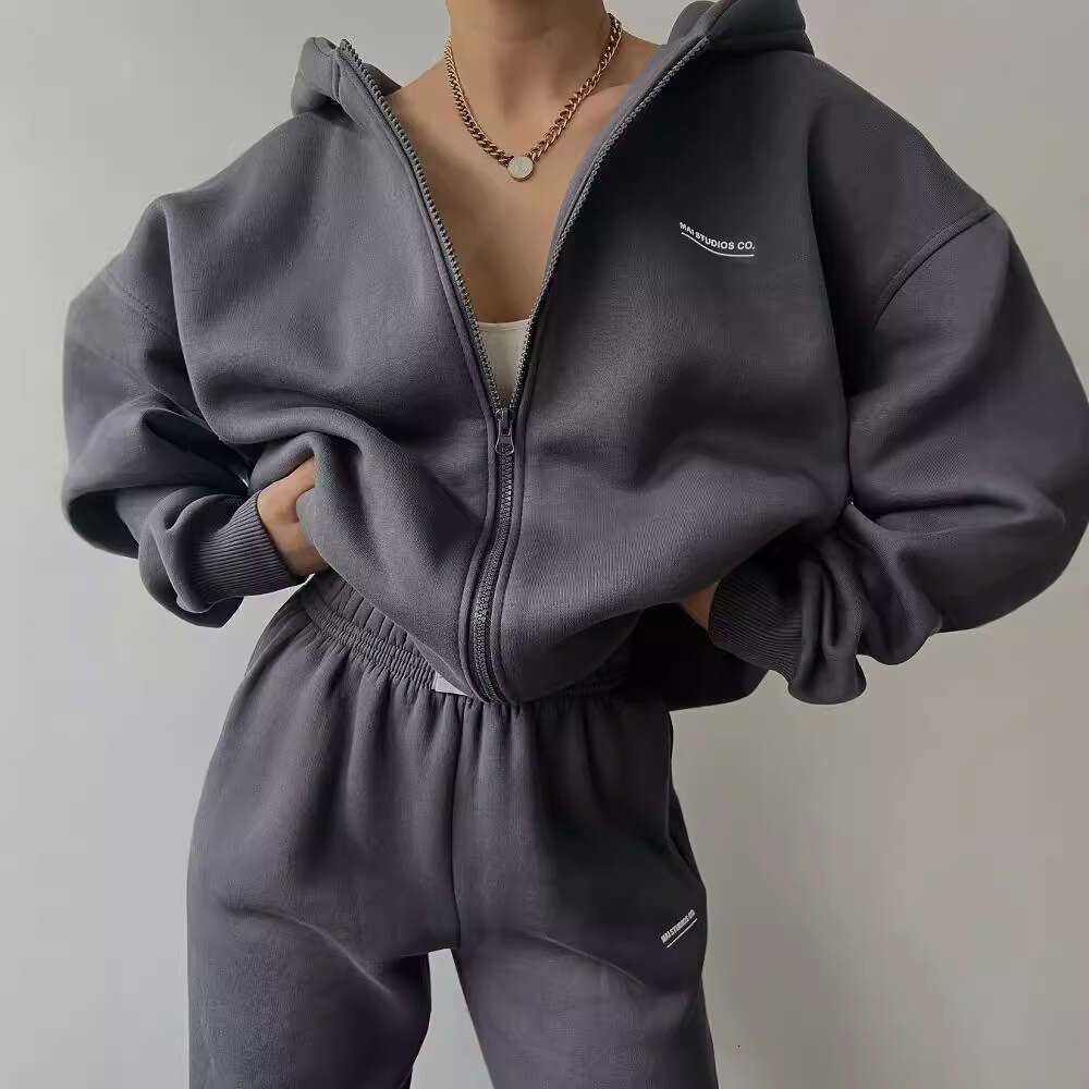 2026 Cross-Border European American Women's Long-Sleeve Fleece-Lined Sweatshirt and Pants Casual Fashion Printed Hooded Set for Women