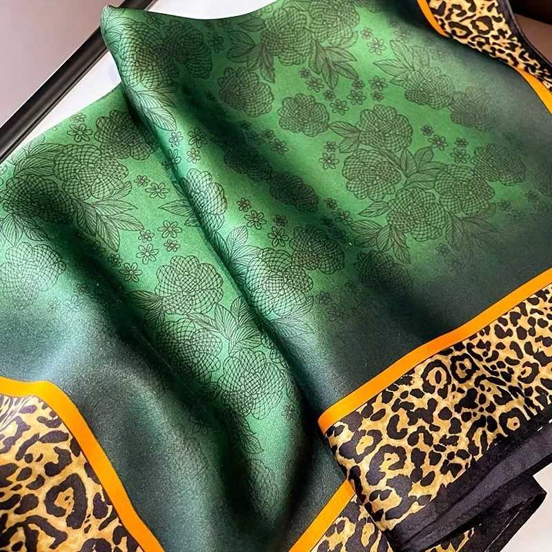 2087 Boho Paisley Flower Square Hijab Scarf Imitation Silk Green Small Neck Scarf Stylish Casual Headscarf Z260330