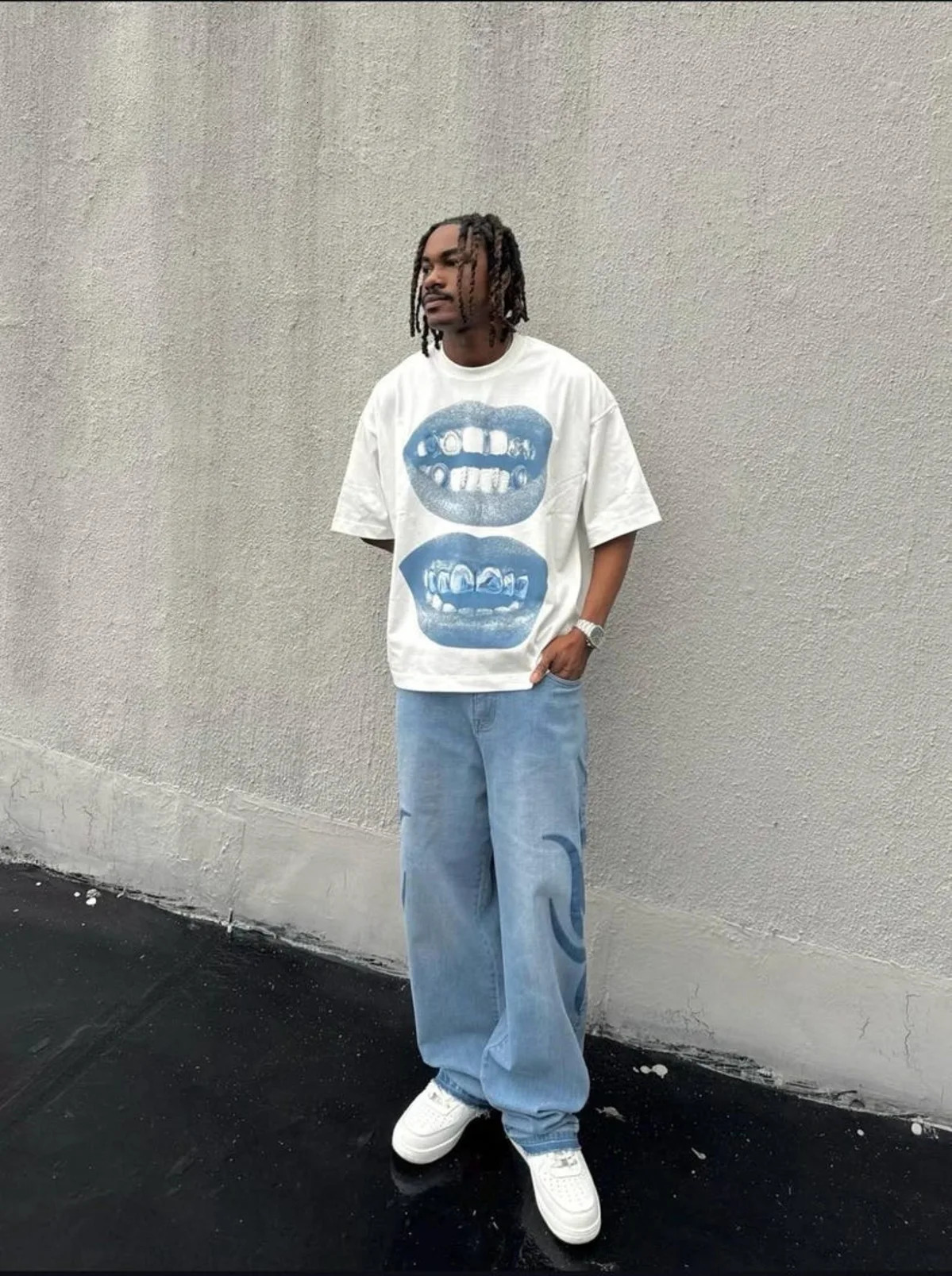 Blue Lip Print Plaid Square T Shirt Oversized Graphic Tee 2000s Style Funny Christmas Gift Shirt Meme Rap s T Shirt 260327