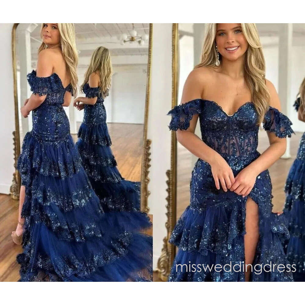 Shiny Sequins Mist Blue Prom Dress 2026 Lace Beaded Off Shoulder Tulle High-low Long Train Formal Birthday Evening Gala Gowns Robe De Soiree