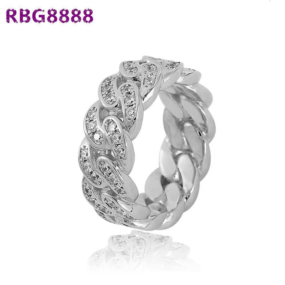 NUOYA Mens White Gold Plated 925 Sterling Silver Hip Hop Iced Out Moissanite Cuban Link Ring for Wedding and Party Fine Jewelry