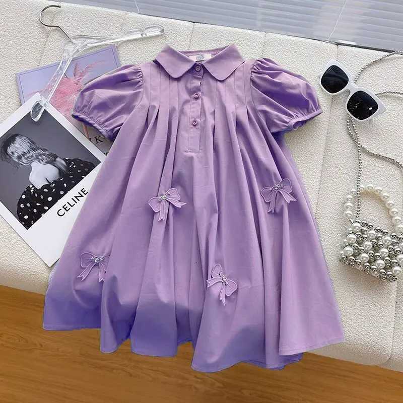 Big Size Summer Bow Decoration Teen-agers Girls Dress Small Lapel Design Casual Comfortable Princess Dress For 3-14 Years KidsT260330