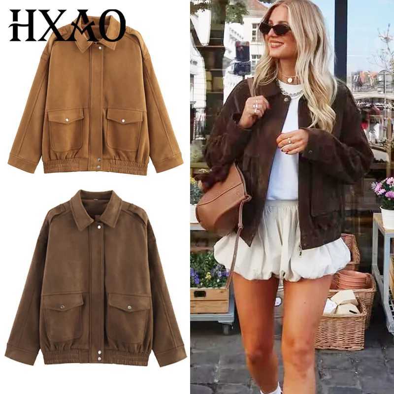 HXAO Womens Bomber Jacket Autumn 2025 Suede Crop Outerwears Khaki Darkkhaki Coats New In Coats Jackets Chic Long Sleeve TopsT260328