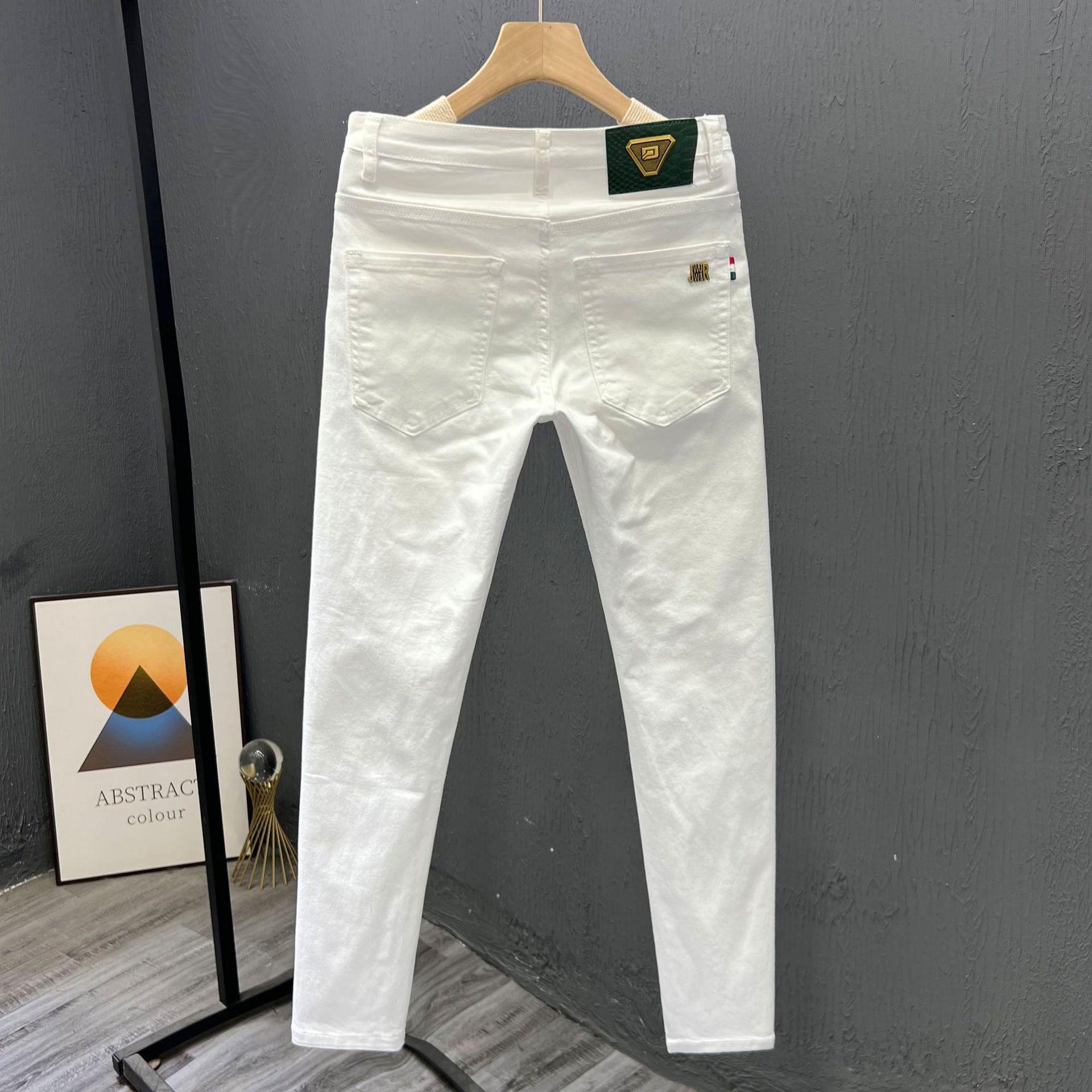 Luxury Brand Designer Clothes High-End Men's White Pants Simple Summer Trendy Men's Business Cotton Skinny Jeans Slim Fit Cropped Pants