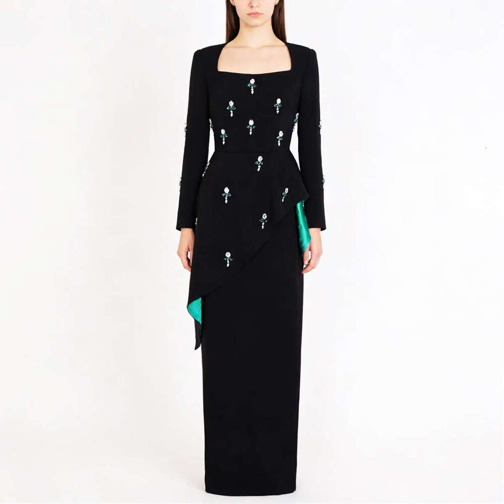 Spring and Autumn New Designer High Quality Fashion Square Collar Waist Slim D7 Fit Inlaid Long Sleeve Women's Long Skirt