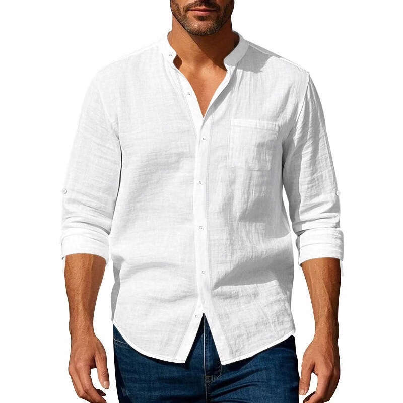 Amazon cross-border spring and autumn long-sleeve stand-collar breathable casual men's new Chinese-style pocket shirt